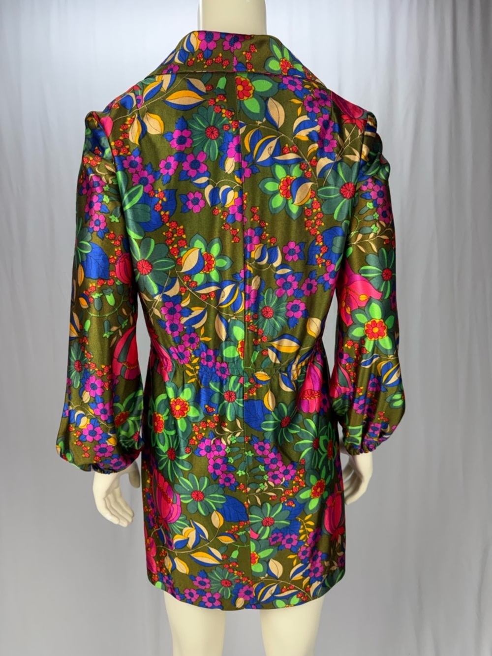 Vintage 60s 70s Mod Floral Mini Dress Boho Psychedelic Lace-Up Neck Long Sleeve - Picture 2 of 8